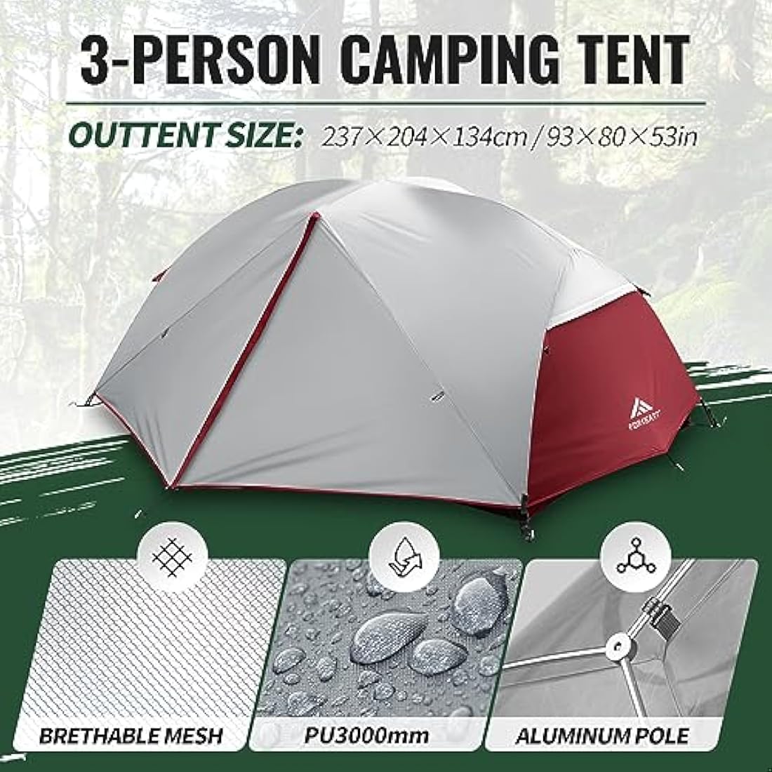 Forceatt 3-Person Backpacking Tent | Waterproof Lightweight Hiking Tent