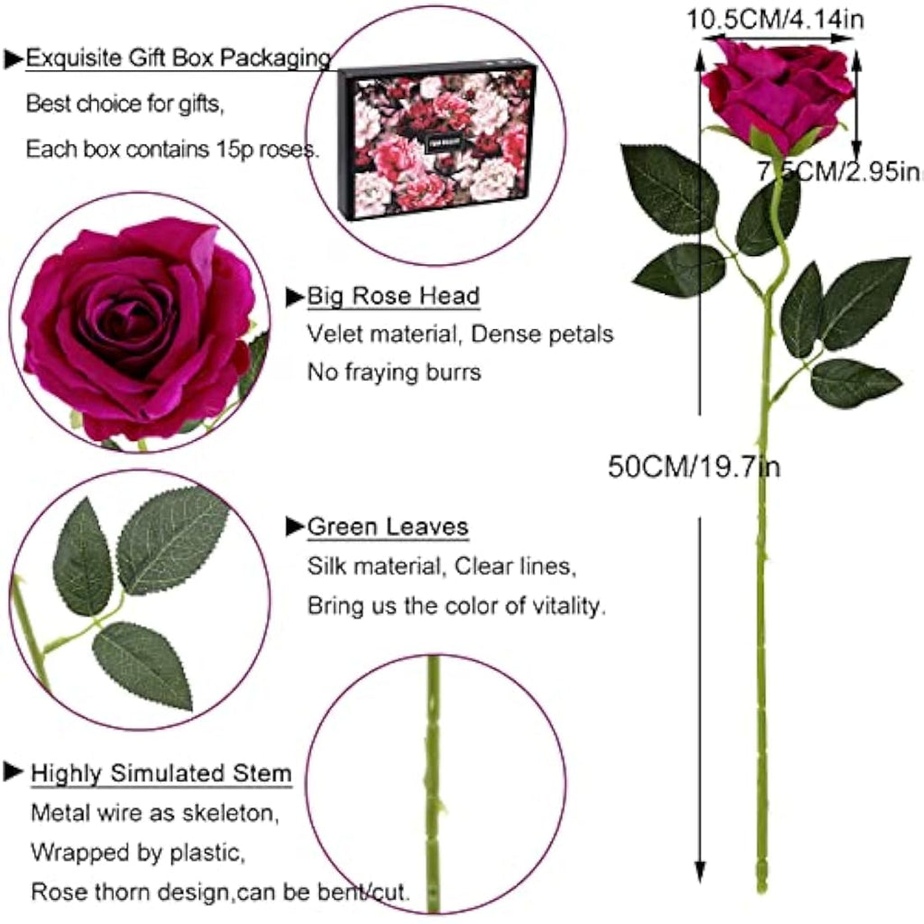 Cloudecor Purple Velvet Artificial Roses - 15Pcs Long Stem Silk Flowers