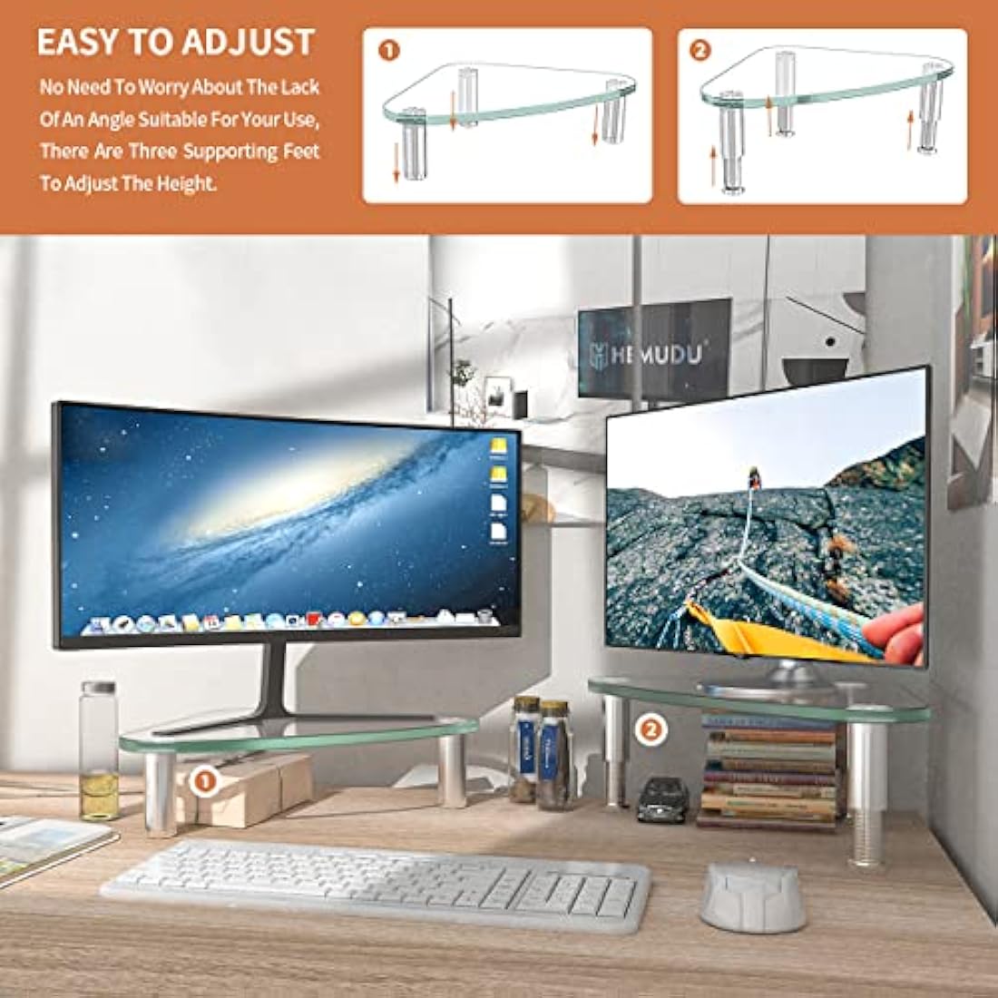 Hemudu 2-Pack Triangle Monitor Stand Riser | Tempered Glass Corner Desk