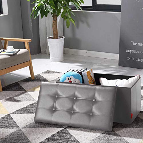 BRIAN & DANY Folding Storage Ottoman Bench | Faux Leather Foot Stool, Gray