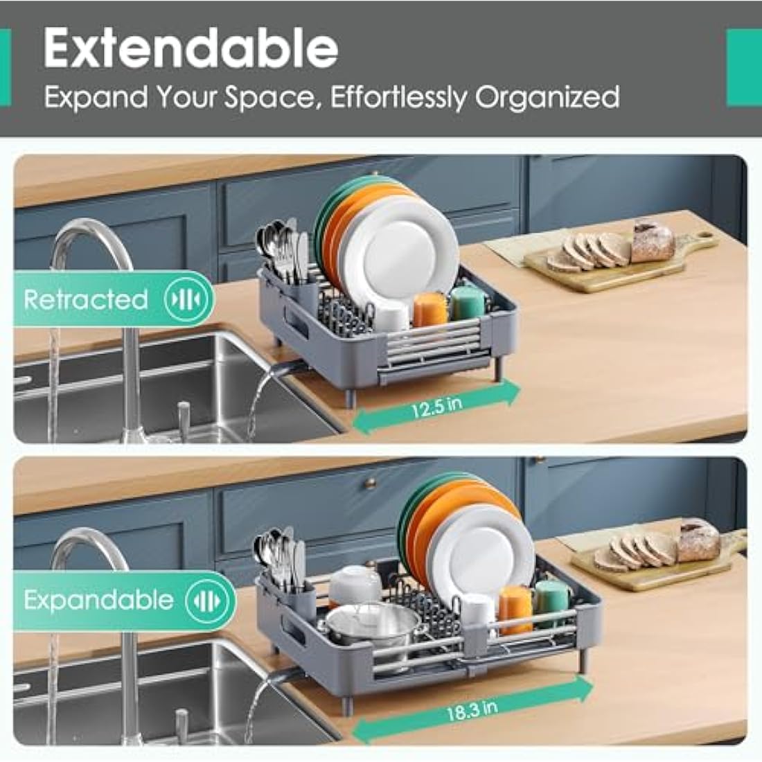 KINGRACK Extendable Dish Drying Rack | Stainless Steel Drainer in Gray