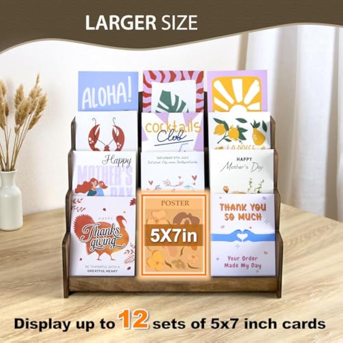 4-Tier Wooden Greeting Card Display Stand for Retail – Brown