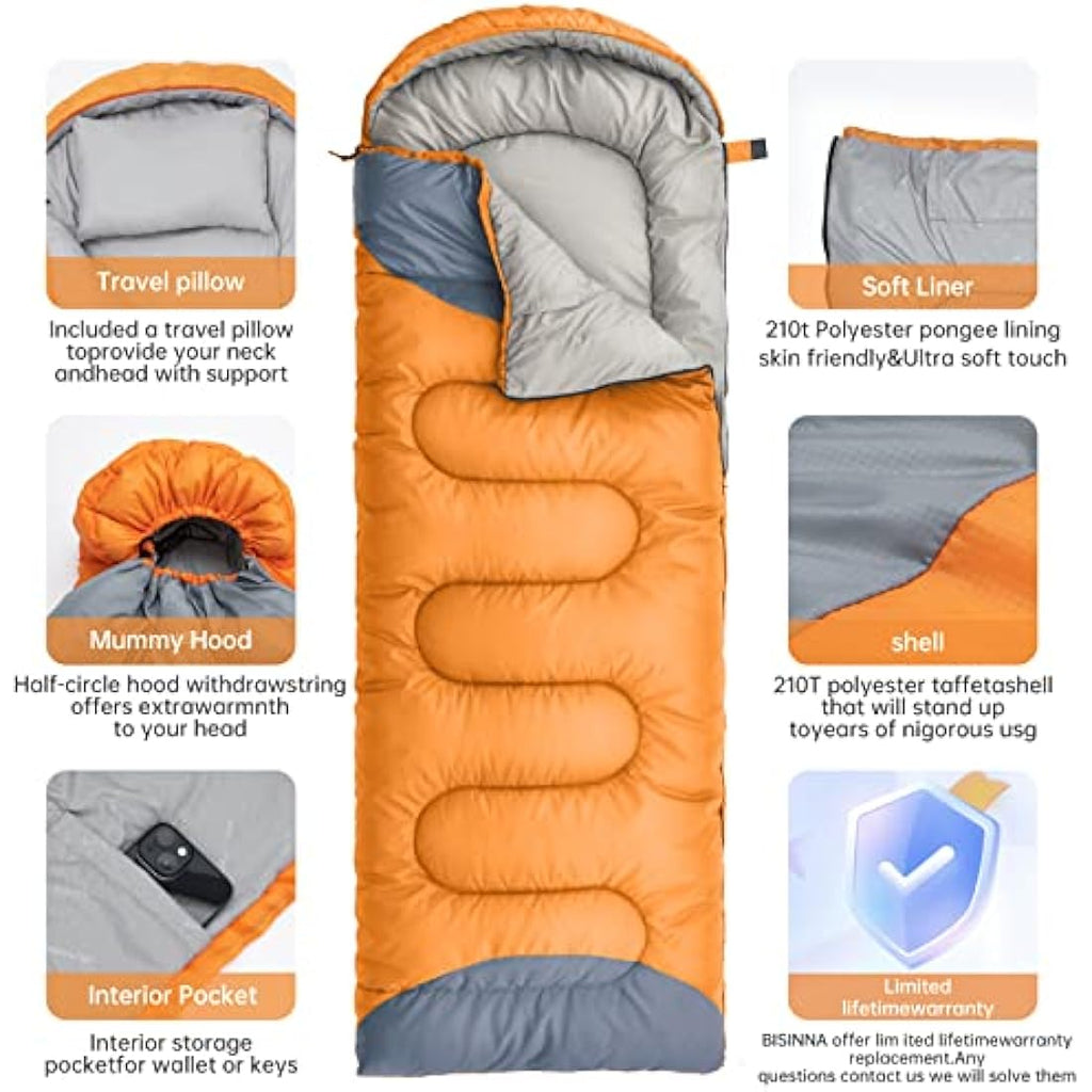 BISINNA Sleeping Bag with Pillow – 4 Season Waterproof Camping Gear