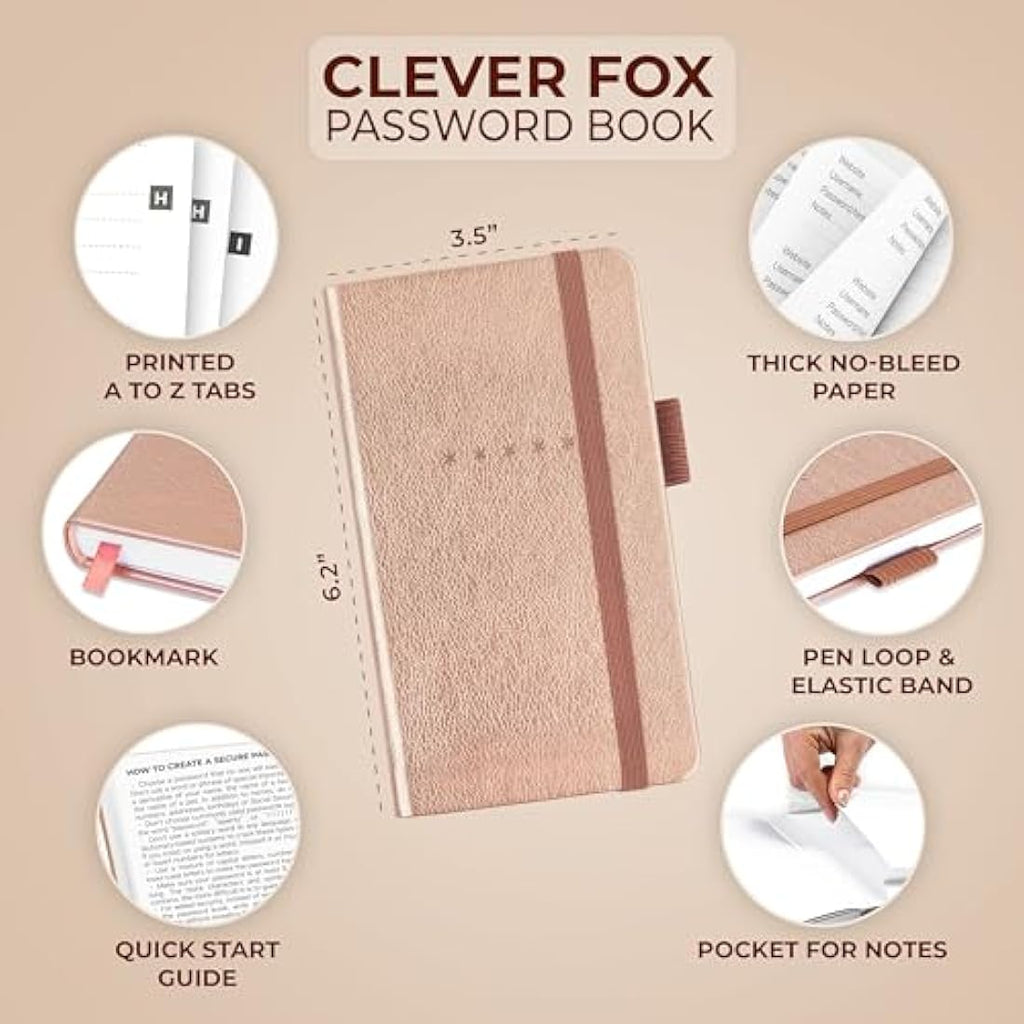 Clever Fox Password Book Pocket – Small Internet Log-In Keeper, Rose Gold