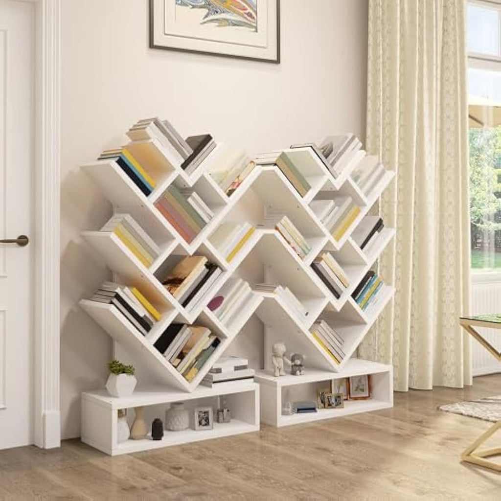YITAHOME Tree Bookshelf – 8-Tier Geometric Bookcase with Drawer, White