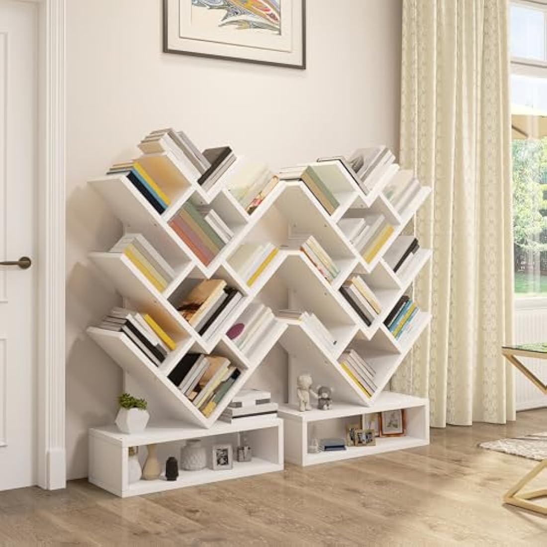 YITAHOME Tree Bookshelf – 8-Tier Geometric Bookcase with Drawer, White