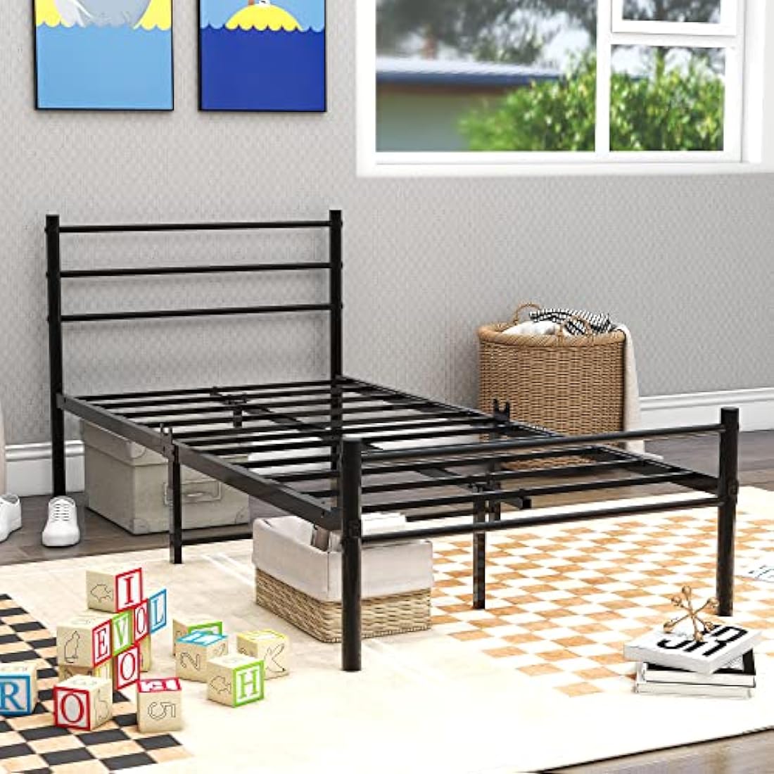 Diahomy 3ft Single Metal Platform Bed Frame with Headboard - Black