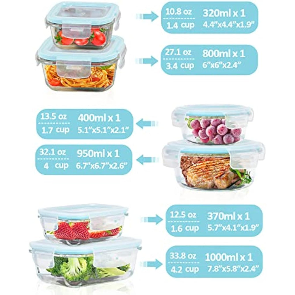 ROSOS 6-Pack Borosilicate Glass Food Storage Containers with Airtight Lids