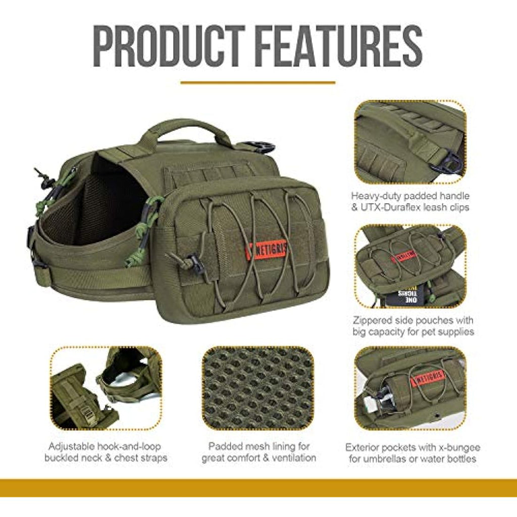 OneTigris Mammoth Dog Backpack – Durable Hiking Saddle Bag, Ranger Green