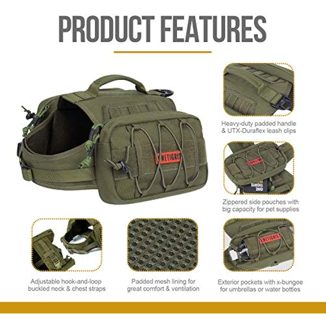 OneTigris Mammoth Dog Backpack – Durable Hiking Saddle Bag, Ranger Green