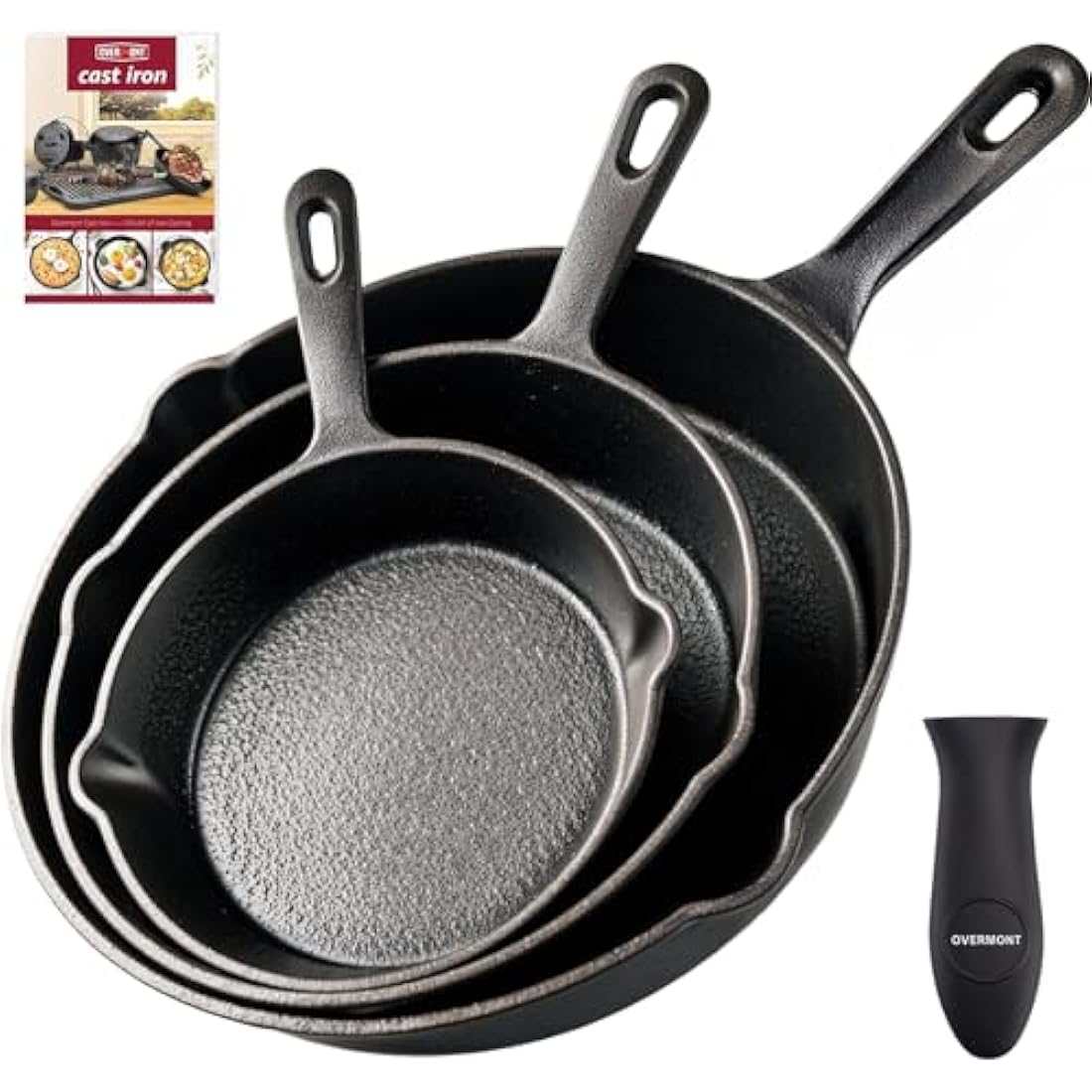 Overmont Pre-Seasoned Cast Iron Skillet Set - 3-Piece Frying Pans