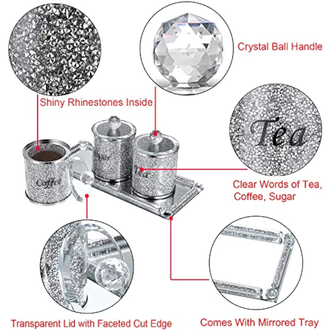 Jolof Store Crushed Diamond Glass Kitchen Canisters with Tray - Set of 4