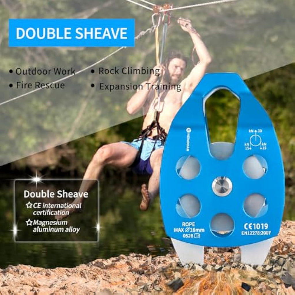 NewDoar 30KN Double Rescue Pulley | Aluminum Sheave for 16mm Rope