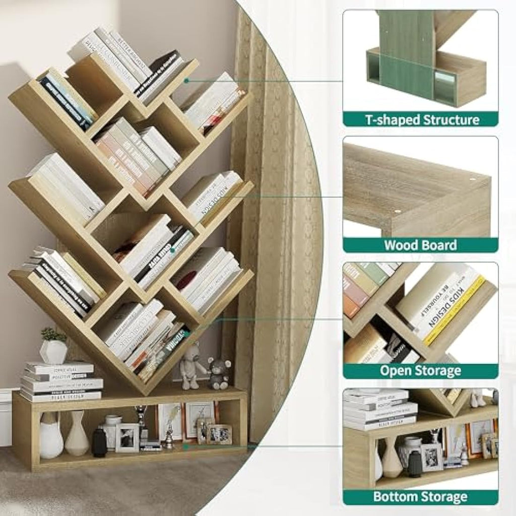 YITAHOME Tree Bookshelf – 8-Tier Floor Standing Bookcase with Drawer, Oak