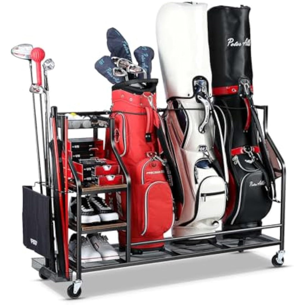 EXTCCT 3-Bag Golf Storage Organizer – Heavy-Duty Steel Rack with Wheels