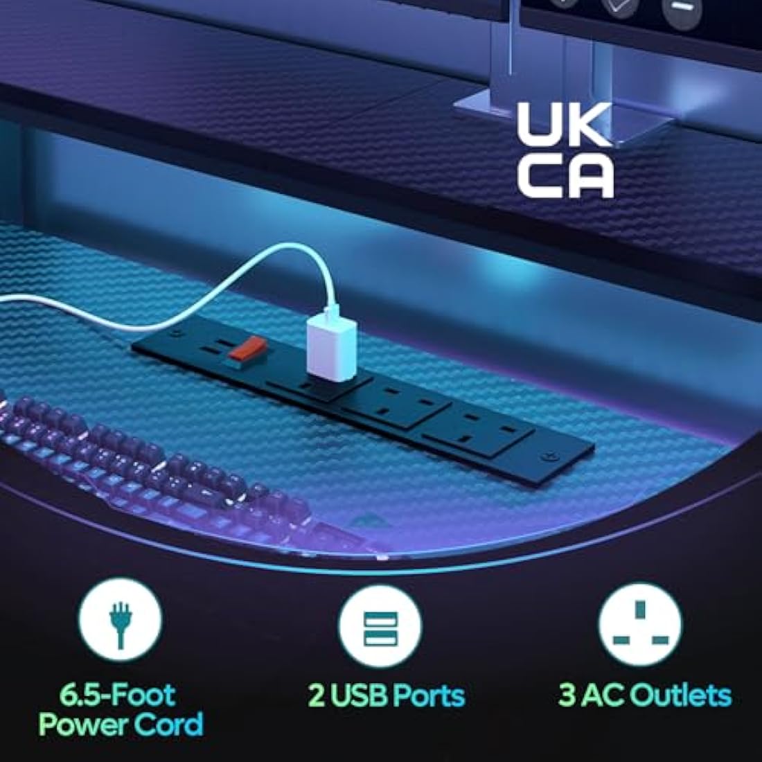140cm Gaming Desk with LED Lights and Power Outlets