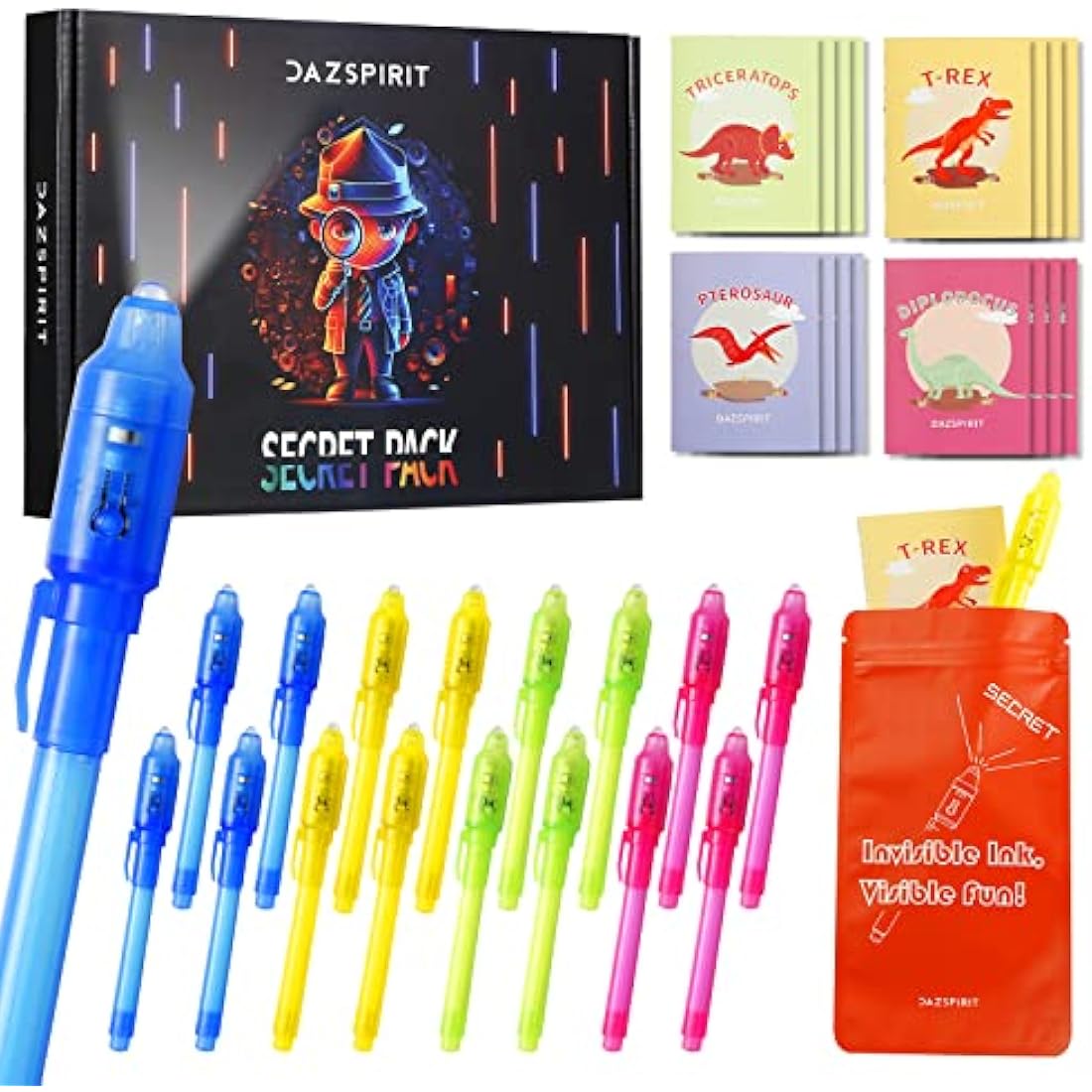 DazSpirit 16-Pack Invisible Ink Spy Pens & Dinosaur Notebooks Party Favors