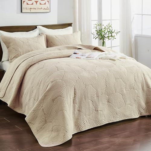 Qucover King Size Cotton Bedspread – Beige Palm Leaf Embroidered 3-Piece Set