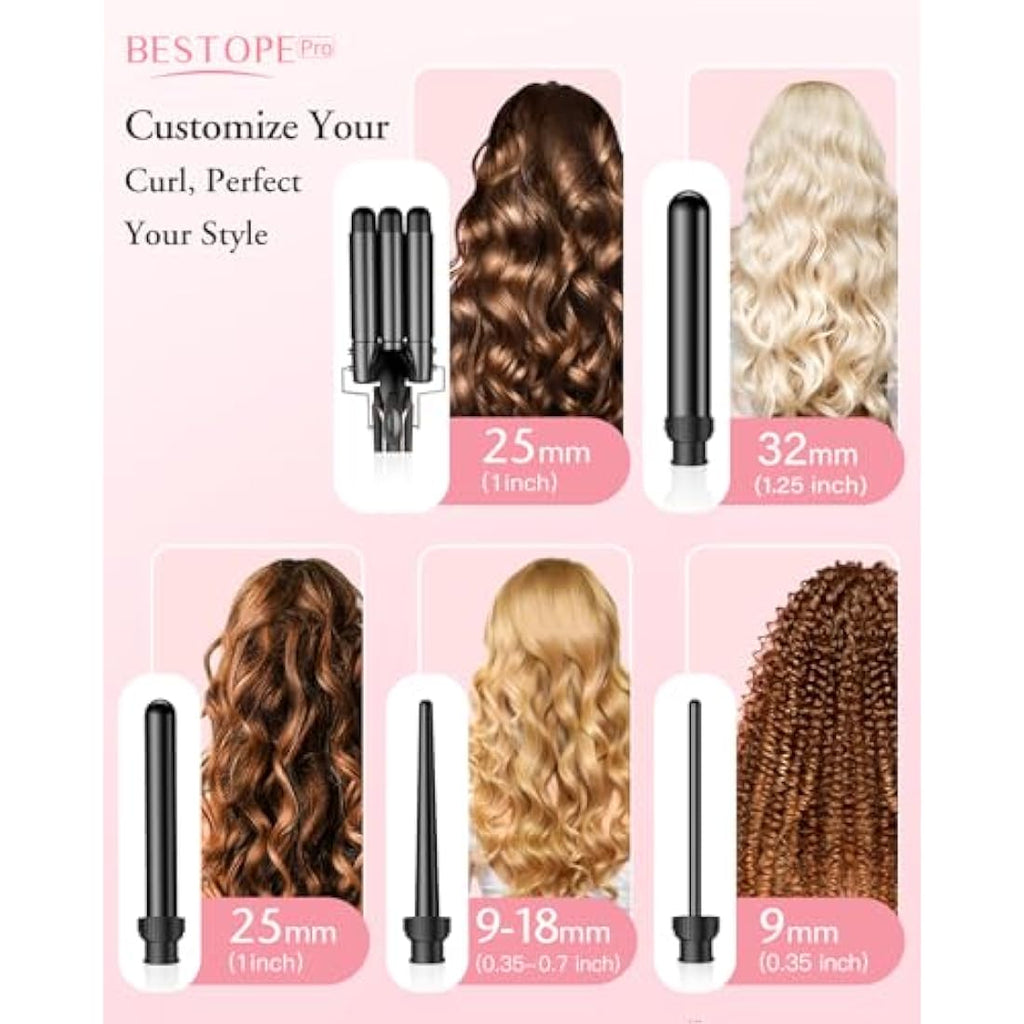 BESTOPE PRO 5-in-1 Hair Curler & Beach Waver Set | 9-32mm Ceramic Wand