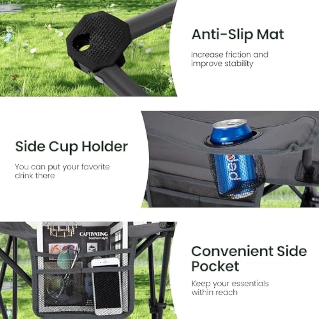 ALPHA CAMP Set of 2 Folding Camping Chairs with Cooler Bag - Grey