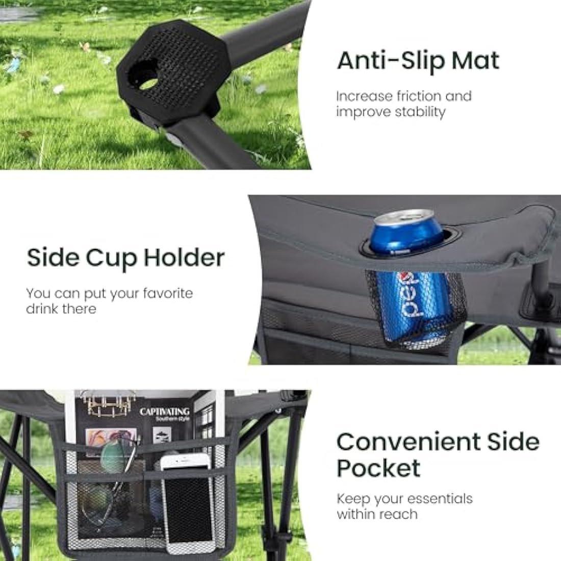 ALPHA CAMP Set of 2 Folding Camping Chairs with Cooler Bag - Grey