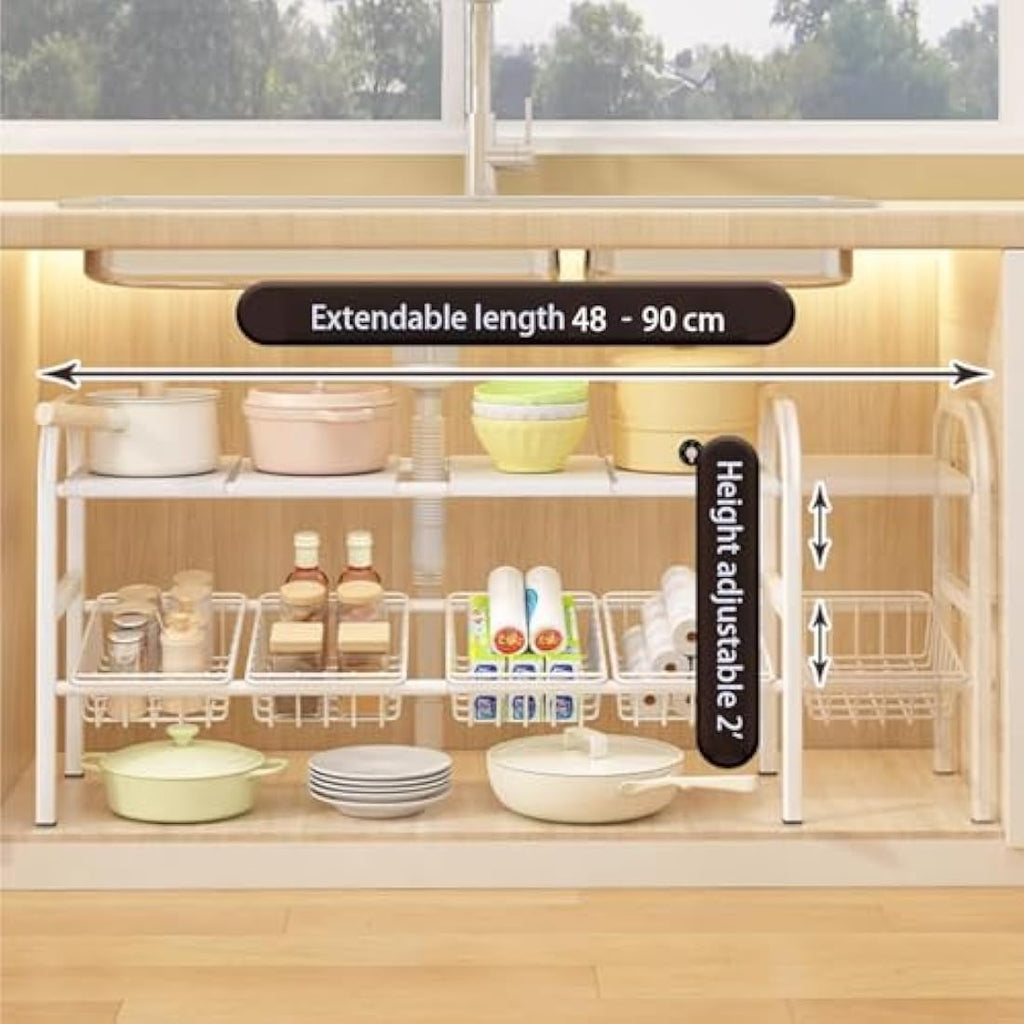 Jolof Store 2-Tier Under Sink Organiser – Expandable White Kitchen Shelf