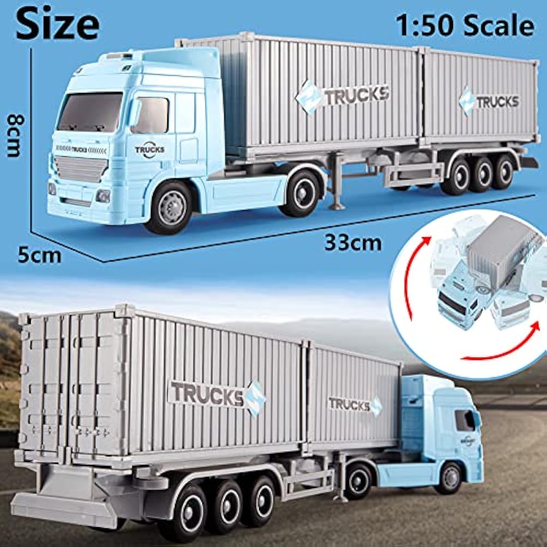 HERSITY 1:50 Friction Powered Container Truck Toy with Lights & Sounds