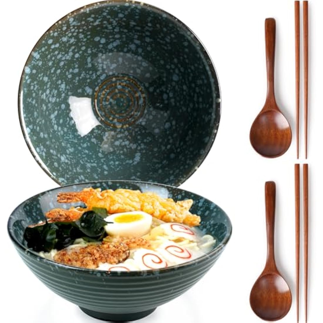 NUTRIUPS Ceramic Ramen Bowl Set of 2 – 1200ml Japanese Noodle Bowls, Emerald