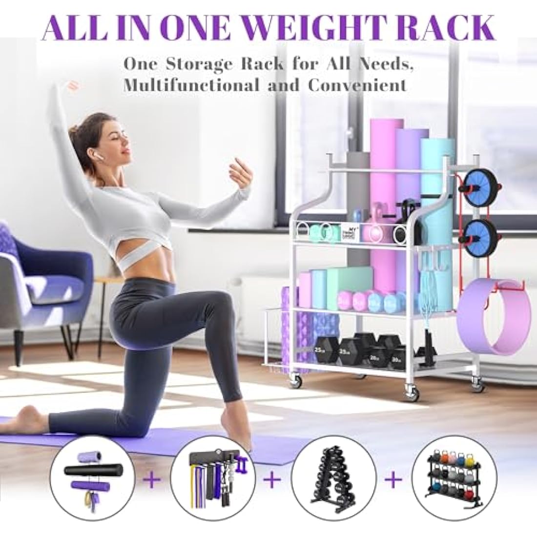 Mythinglogic Home Gym Storage Rack – Rolling Weight Rack for Yoga Mats