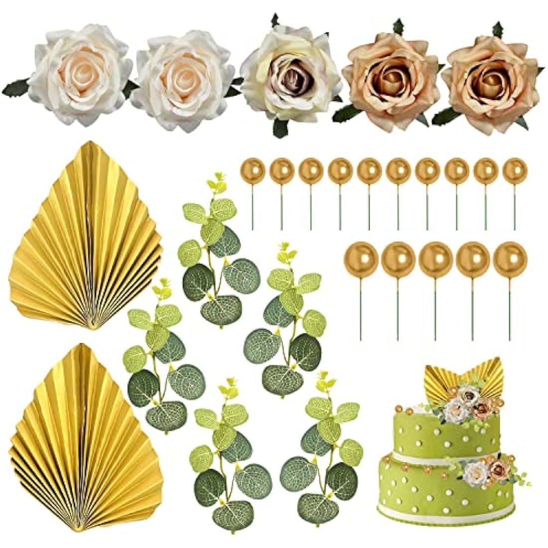 27pcs Rose Flower Cake Topper Set | Gold & Floral Decor
