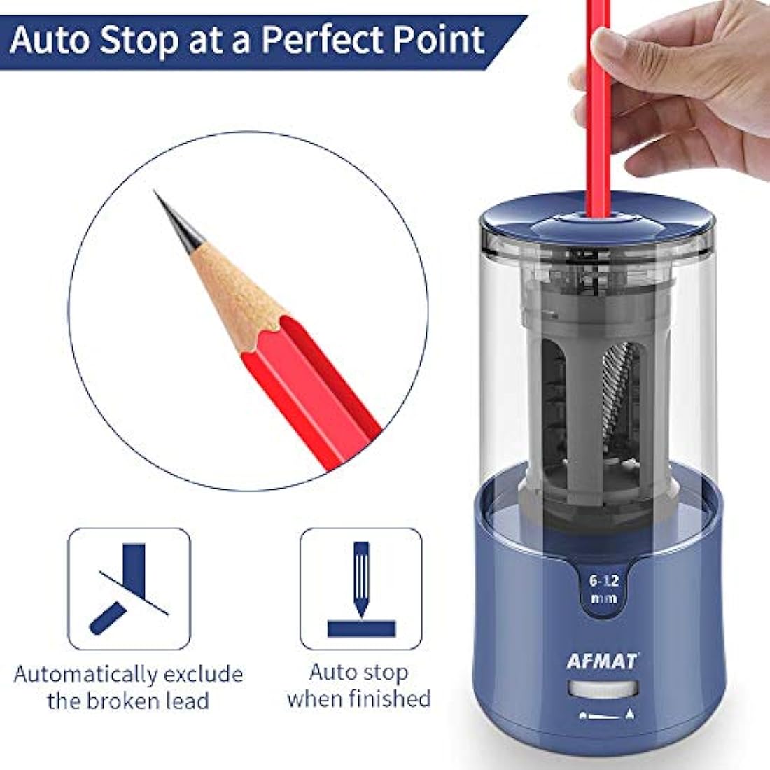 AFMAT Electric Pencil Sharpener – Fast Heavy Duty for 6-12mm Pencils, Blue
