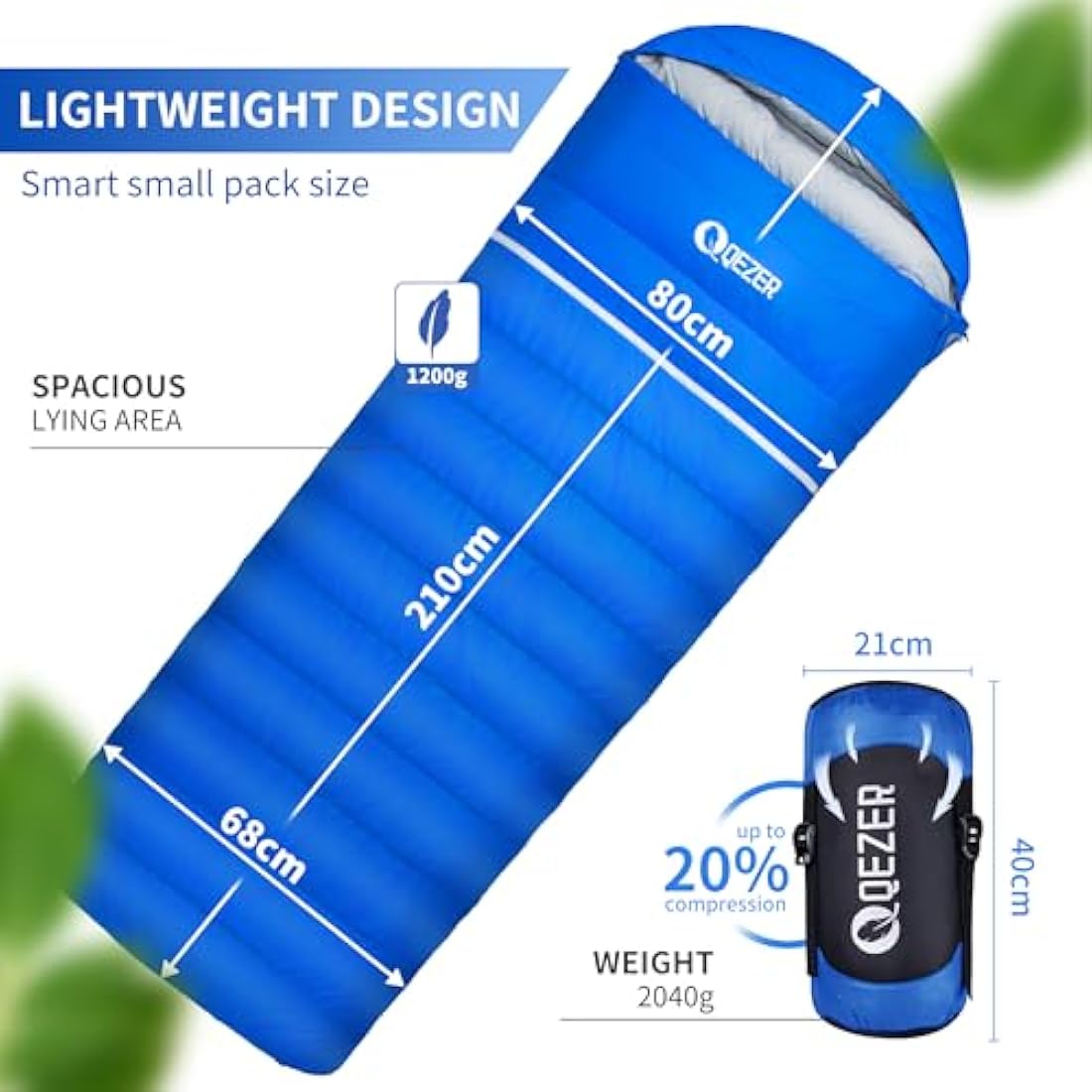 QEZER Down Sleeping Bag | Lightweight 4-Season Rectangular Nylon Bag