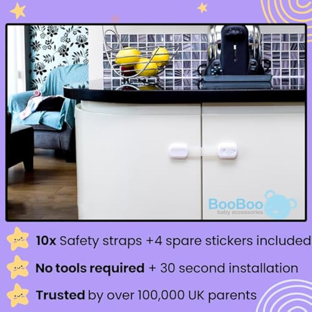 BooBoo 10 Pack Child Proof Cabinet Locks – Adjustable Baby Safety Straps