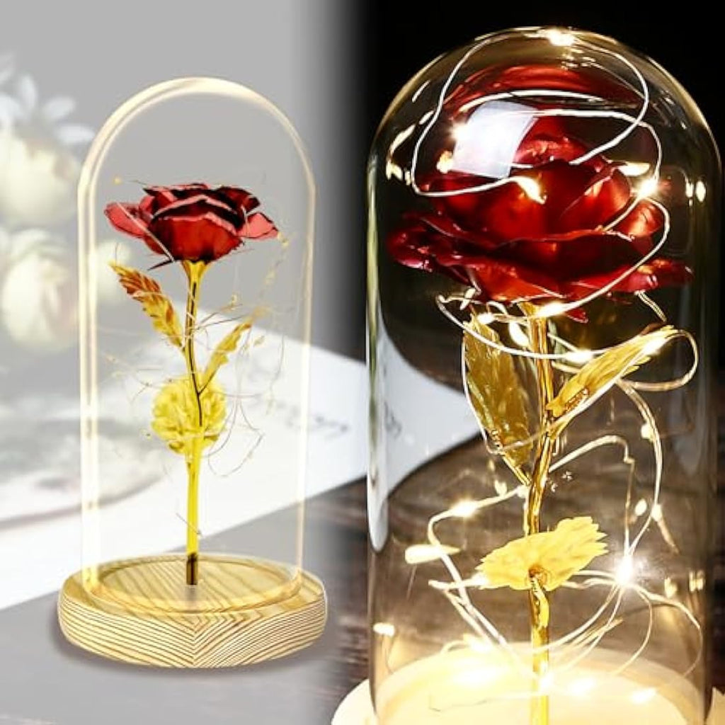 TINYOUTH 24K Gold Plated Red Rose in Glass Dome with LED Lights