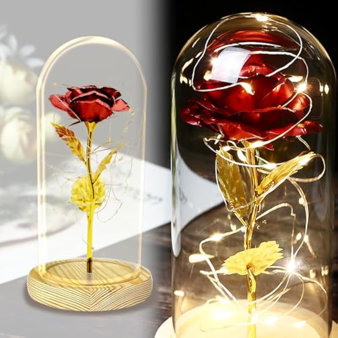 TINYOUTH 24K Gold Plated Red Rose in Glass Dome with LED Lights