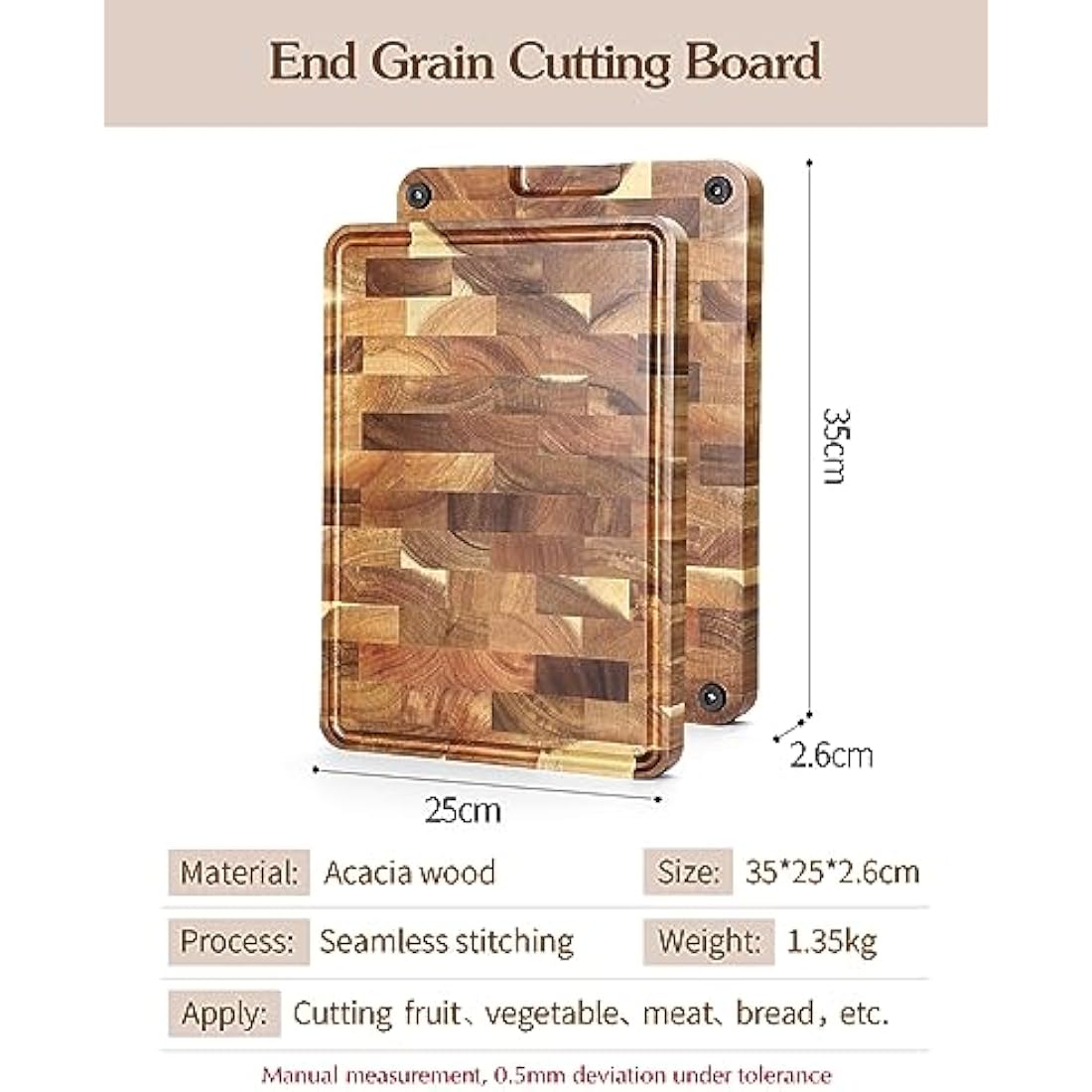 XINZUO Acacia Wood End Grain Cutting Board with Juice Groove | 14x10"