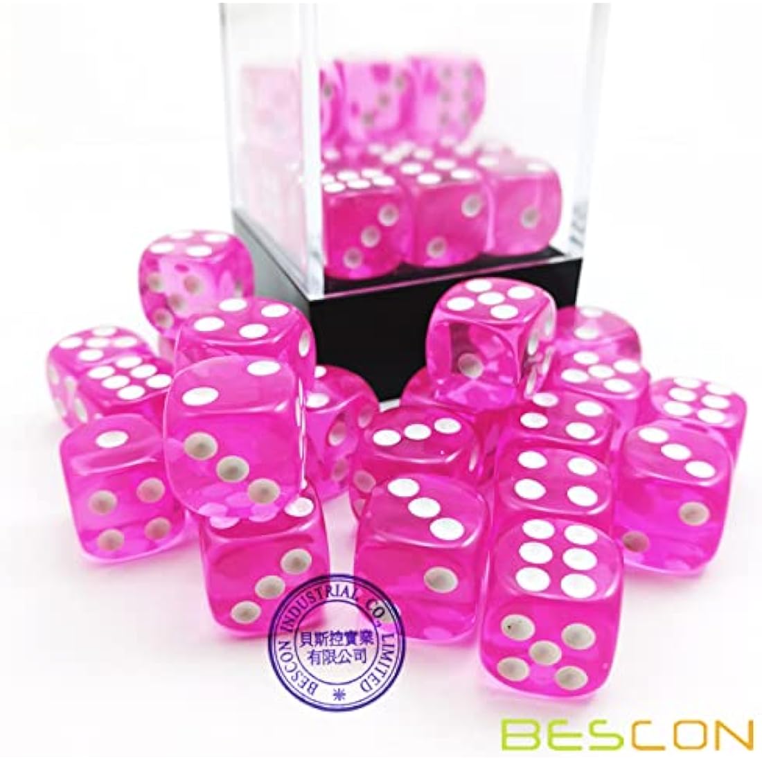 Bescon 12mm Translucent Pink 6 Sided Dice Set - 36 Piece Block of D6