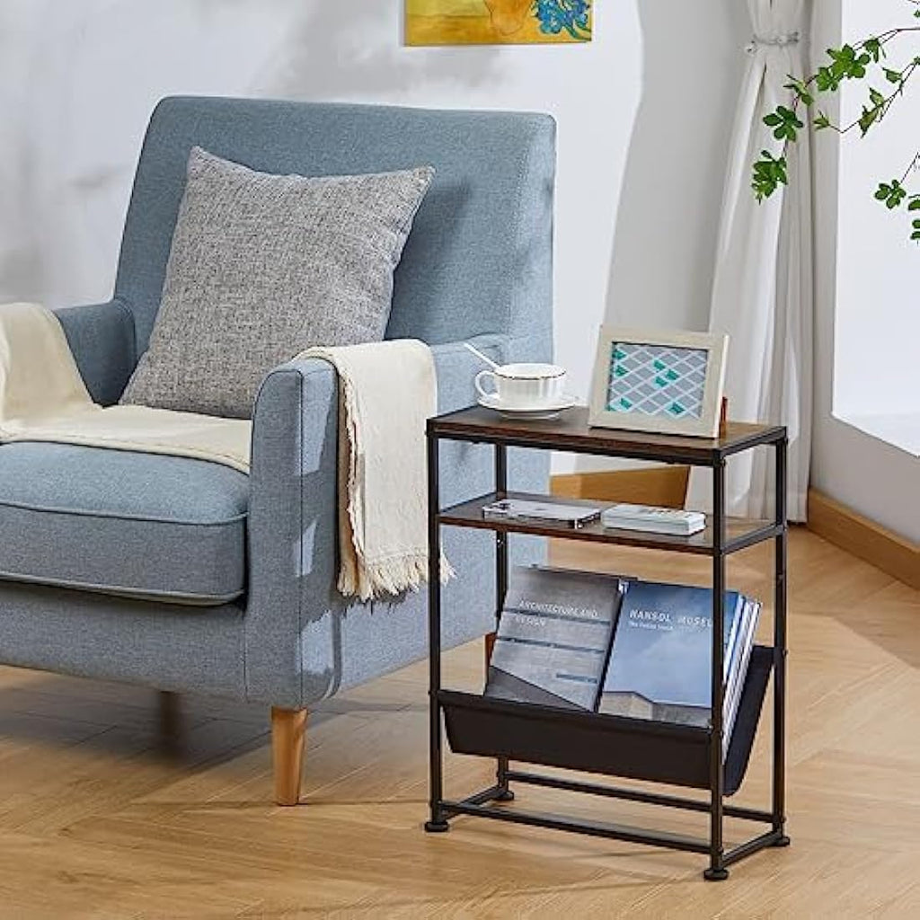 ZEXVIDA Narrow End Table with Magazine Holder – Slim Industrial Side Table
