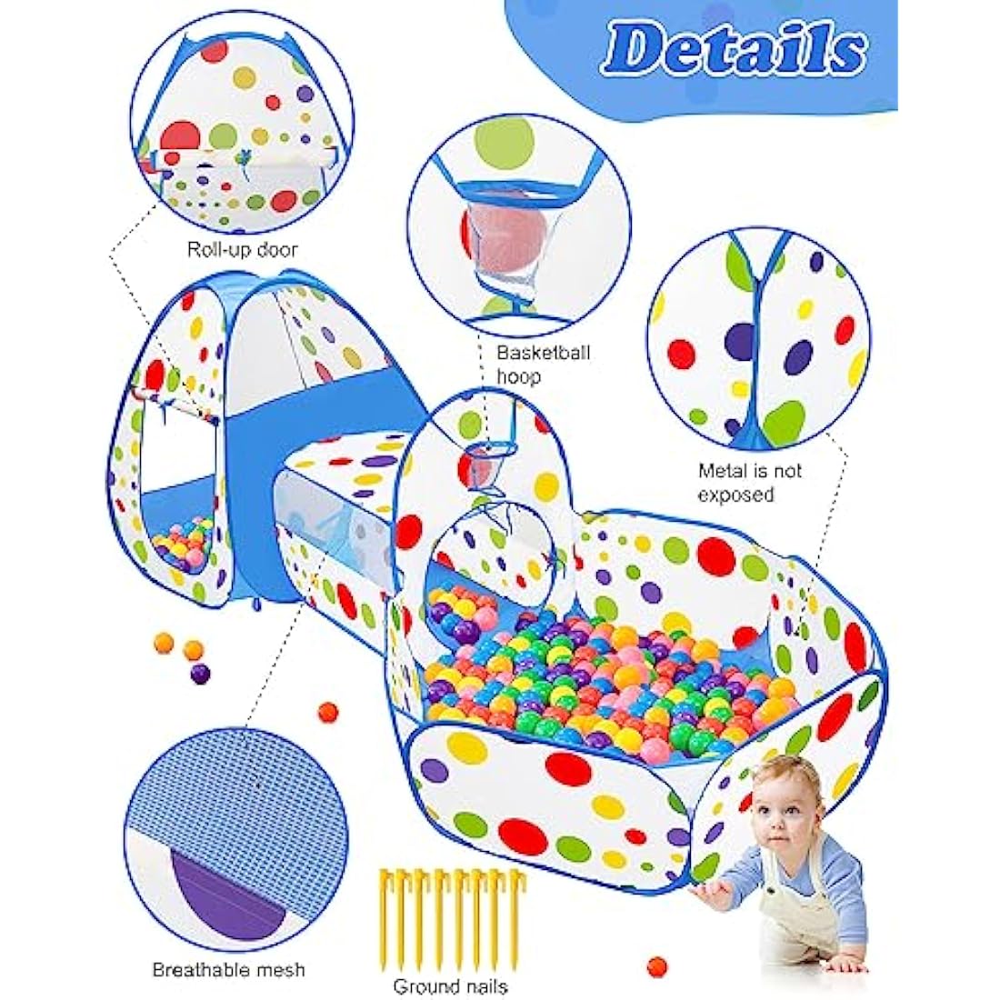 MAIKEHIGH 3-in-1 Kids Play Tent with Square Tunnel and Ball Pit