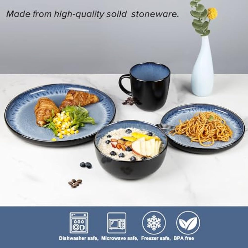 Greentainer 16-Piece Stoneware Dinnerware Set | Reactive Glaze Ocean Blue