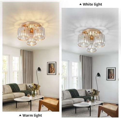 ZYDTRIP Modern Gold Crystal Chandelier – 3-Light Semi Flush Ceiling Fixture