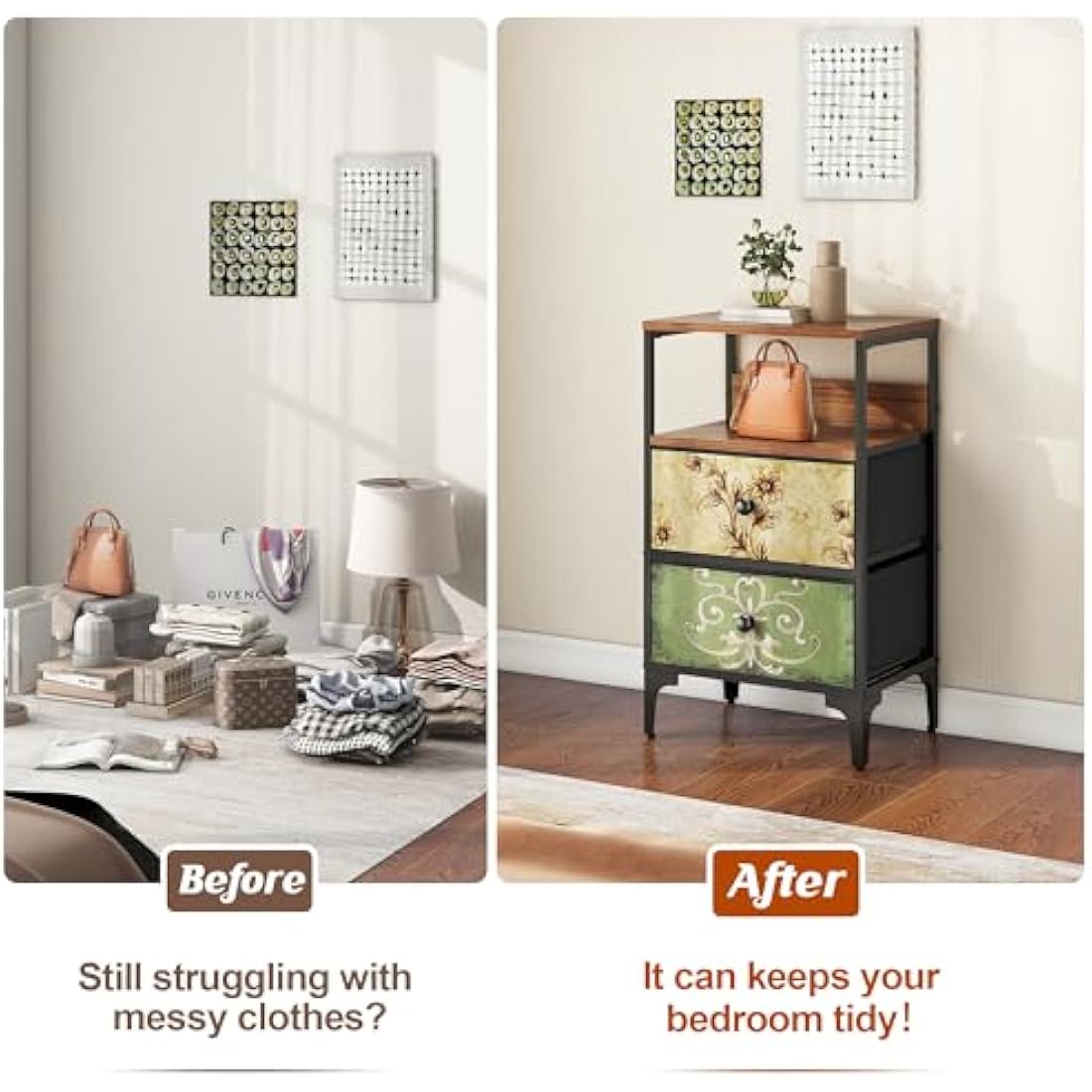 LYNCOHOME Bedside Tables Set of 2 | 2-Drawer Metal Nightstand