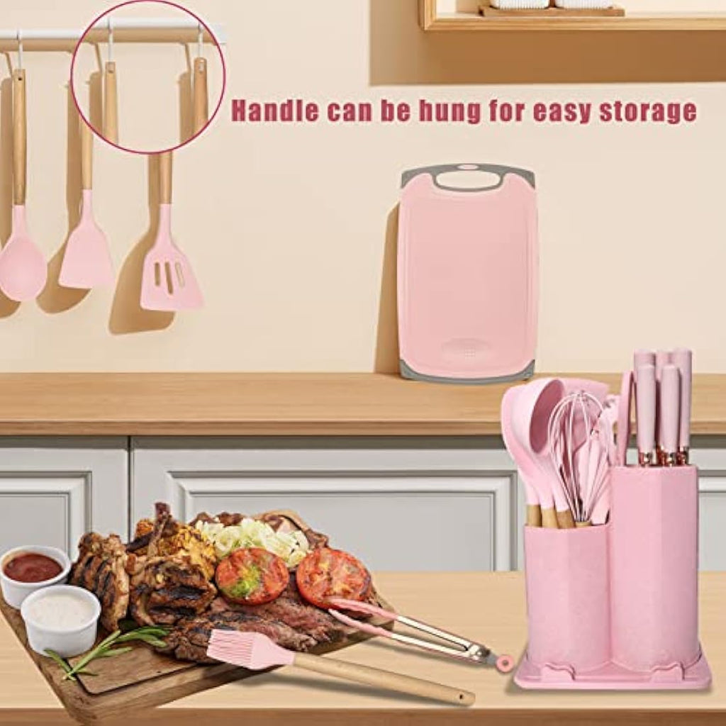 DLD 29-Piece Silicone Kitchenware Set with Knives and Wooden Handles