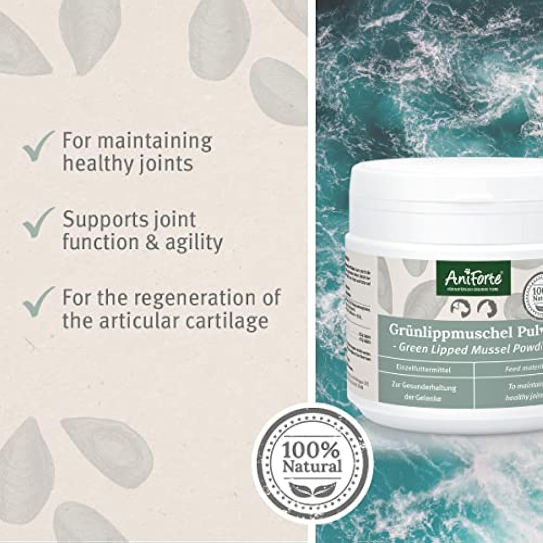 AniForte Green Lipped Mussel Powder for Dogs & Cats - 250g Joint Supplement