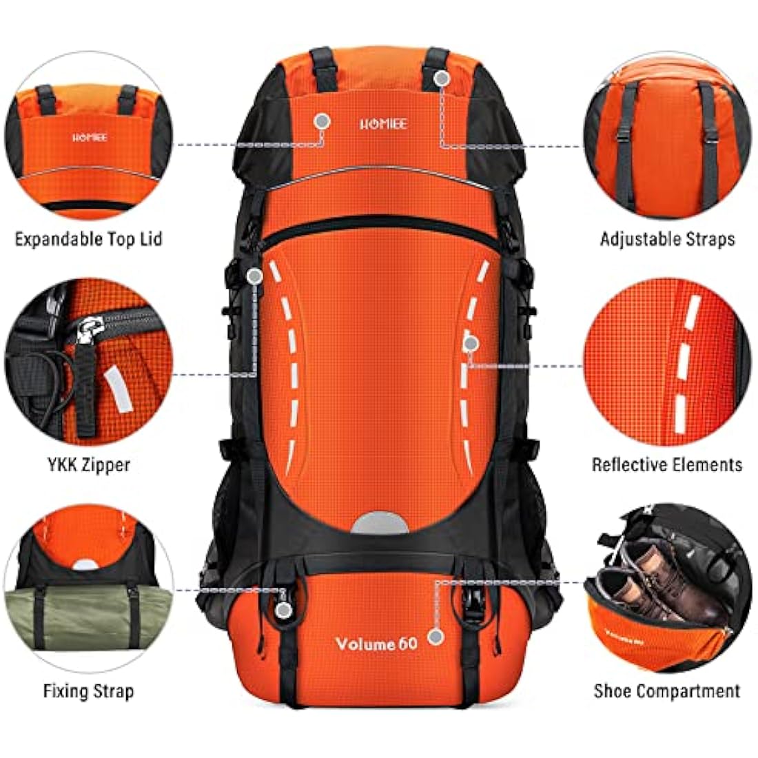 HOMIEE 60L Hiking Backpack | Waterproof Travel Rucksack with Rain Cover