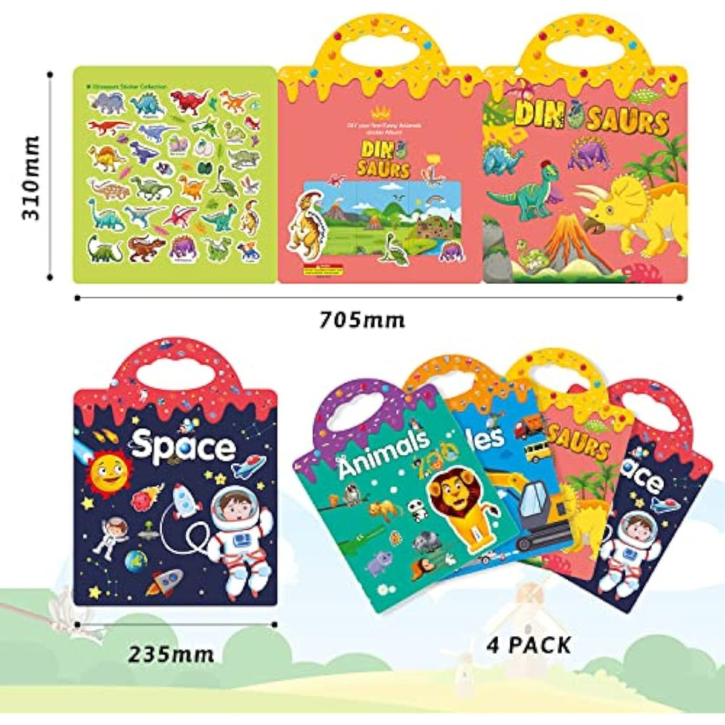 GUYUCOM 4 Pack Reusable Sticker Books | 3D Animal & Dinosaur Learning Toys