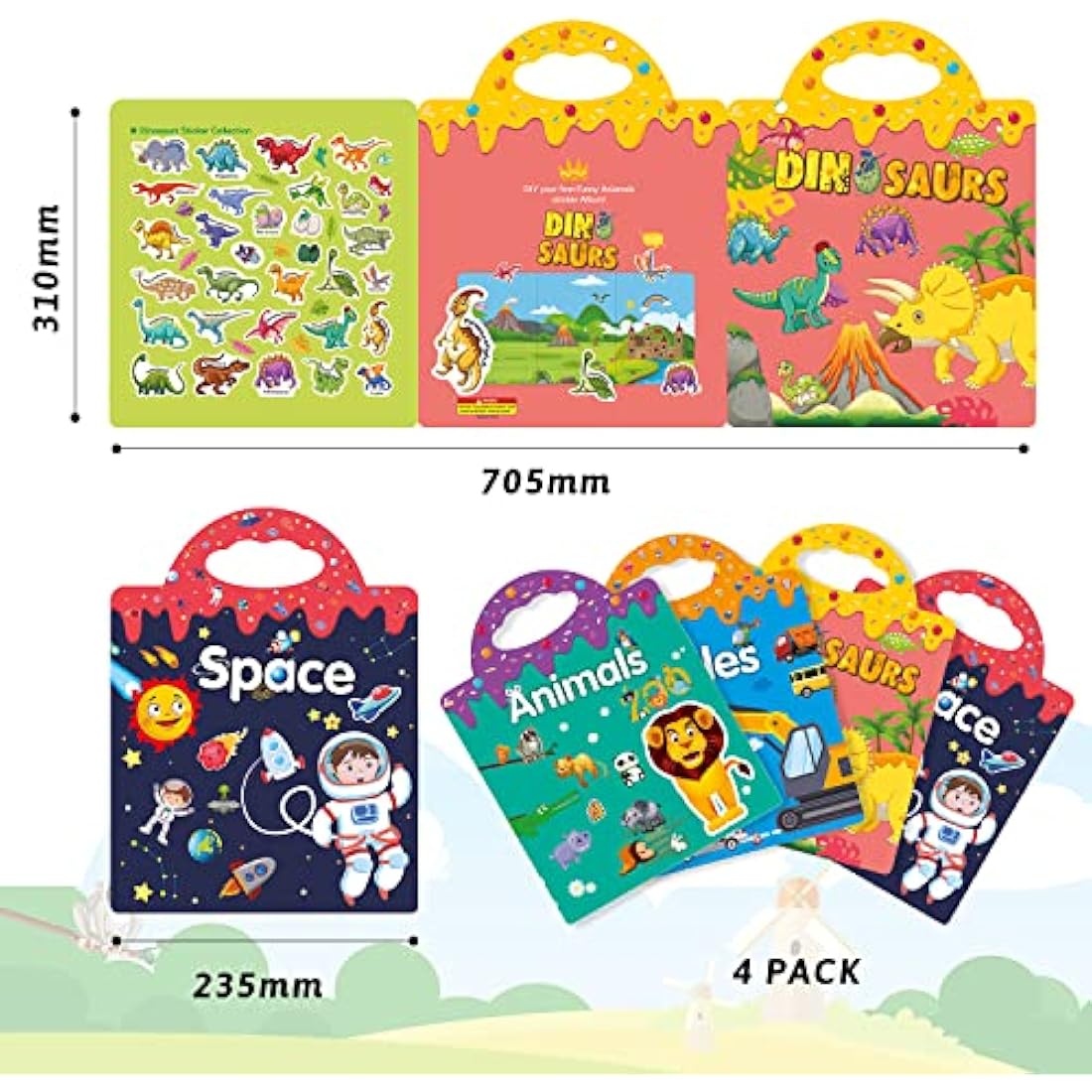 GUYUCOM 4 Pack Reusable Sticker Books | 3D Animal & Dinosaur Learning Toys