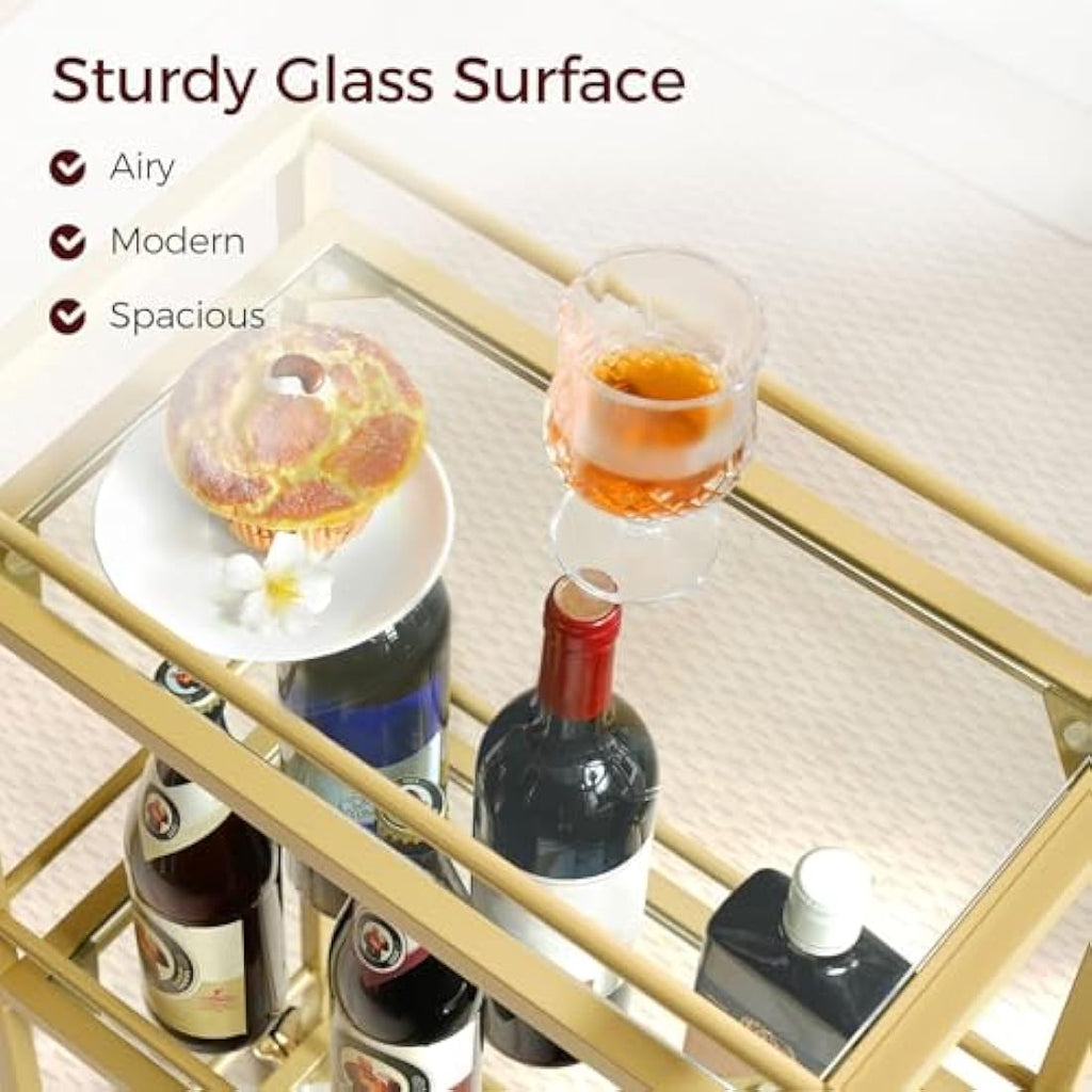 MAHANCRIS 3-Tier Gold Bar Cart | Tempered Glass Rolling Serving Trolley