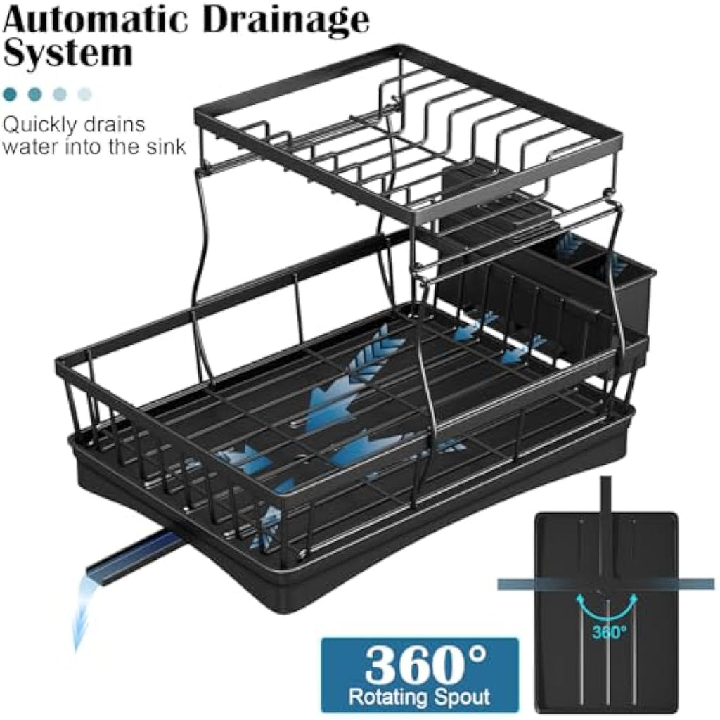 StowBin 2-Tier Dish Drying Rack with Drainboard - Black Metal Drainer