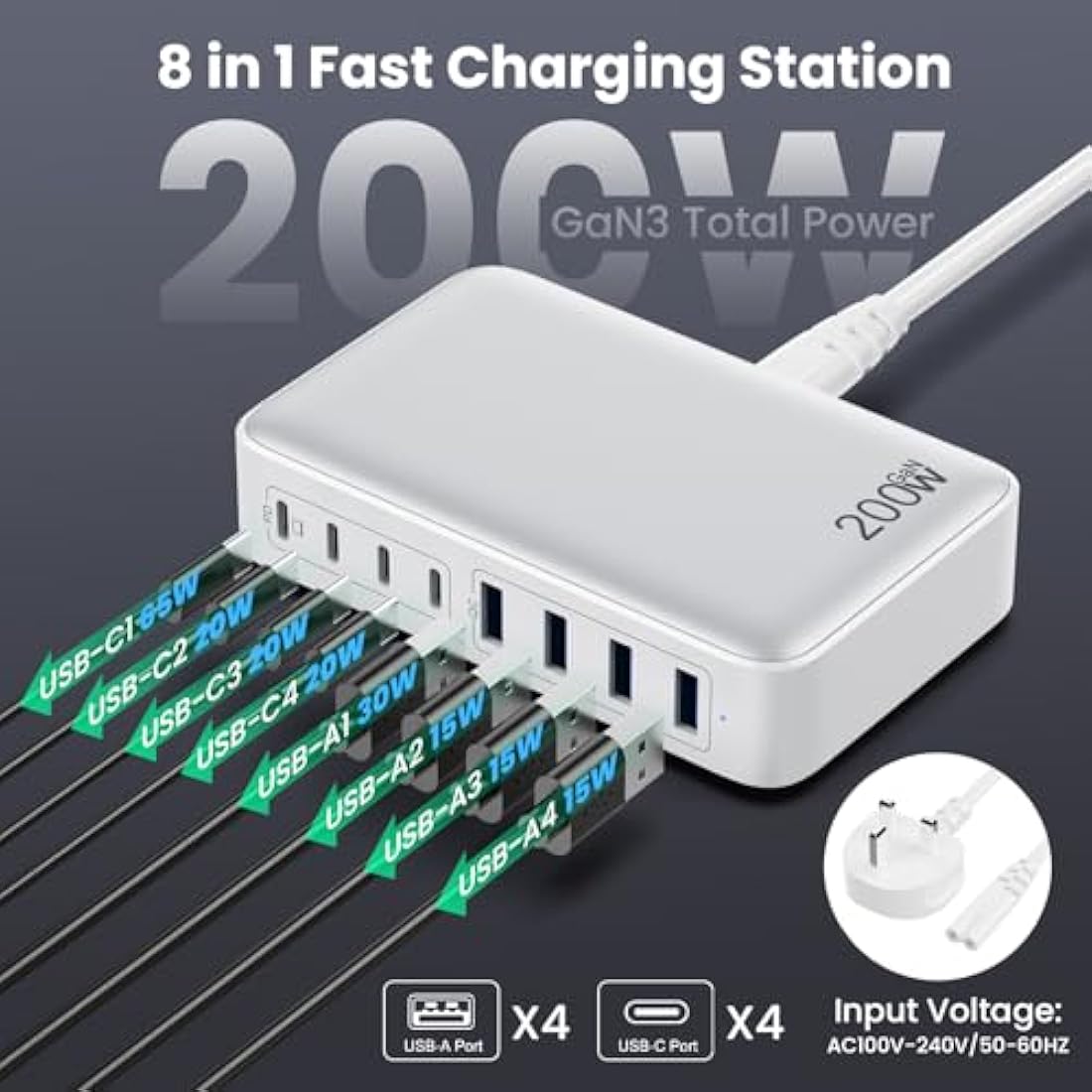 200W GaN III 8-Port USB C Fast Charger Station – White
